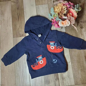 Gymboree Boys Casual Pullover Hooded Sweater with Boats Size 2T-3T EUC Blue